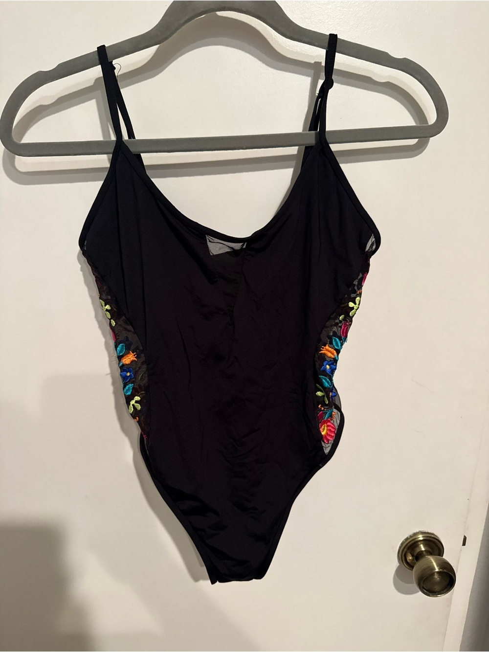 Black One-Piece Swimsuit with Multicolor Embroidered Sides